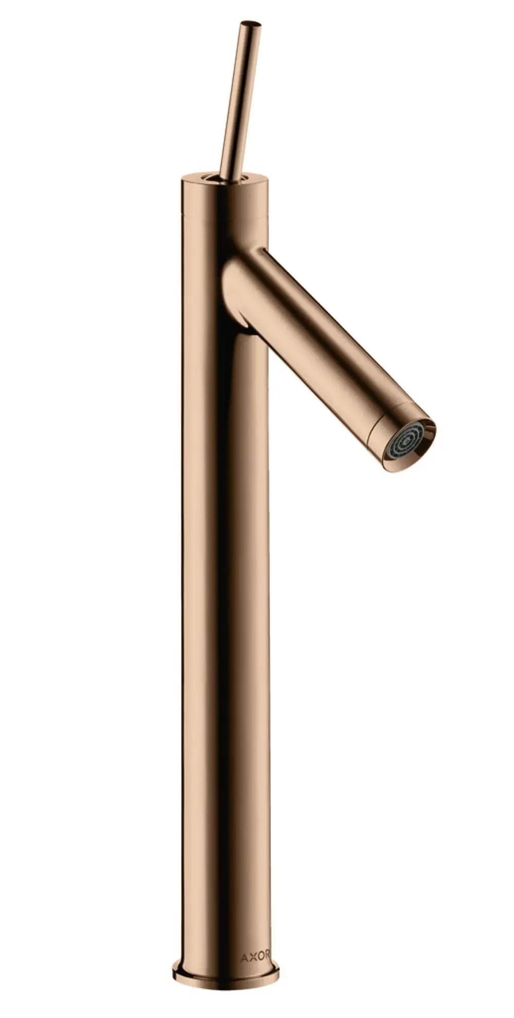 Einzelner Waschtischmischer in glänzendem Rotgold-Finish von AXOR, mit schmalem, geradem Körper und seitlichem Hebel für die Wassermengenregulierung.